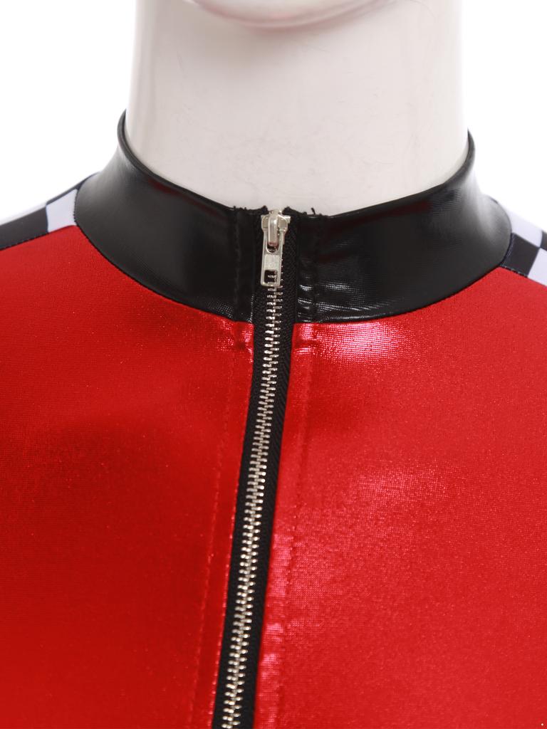 Dámský závodní overal Metalický lesklý šachovnicový patchwork Stojáček Přední zip S páskem Legíny Kostým