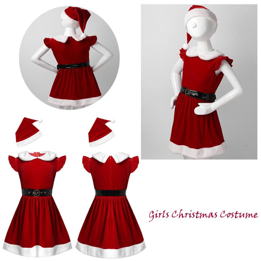 

Children Girls Christmas Costumes Sleeveless Holiday Party Cosplay Dress With Santa Hats Festive Suits 3-4 Years