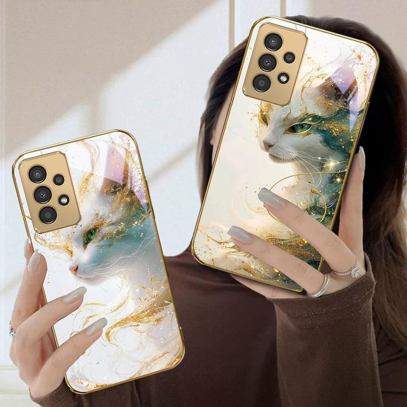 Fantastic white kitten For Samsung A50 A51 A52 A53 A54 55 56 14 15 13 16 26 31 32 33 34 35 70 71 72 73 Golden glass phone case