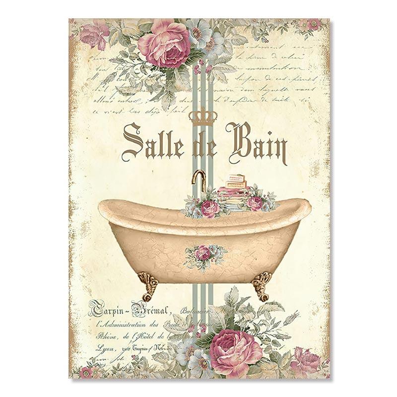 Vintage French Style Posters Bathroom Bathtub Canvas Painting Decoration Watercolor Floral Room Decor Wall Art Painting Pictures