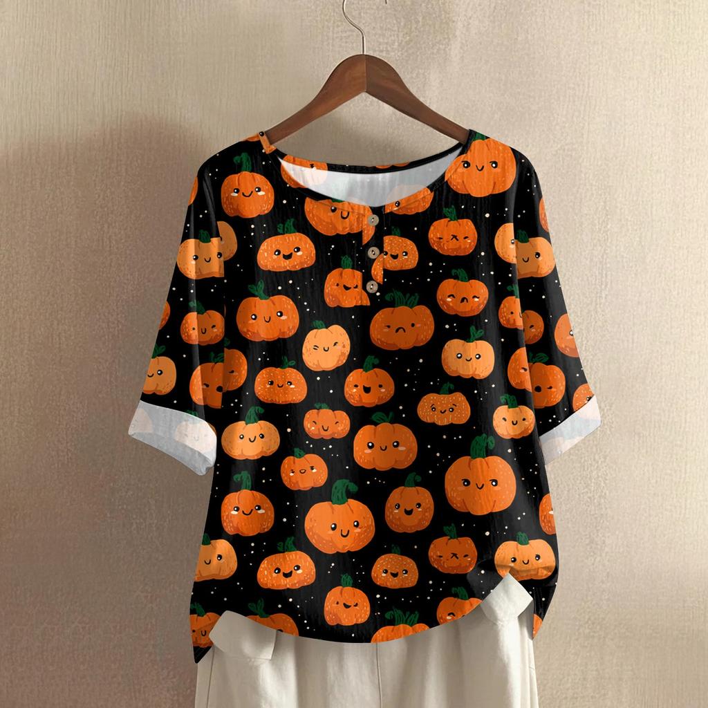 Damska codzienna bluzka z bawełny i lnu z nadrukiem Halloween z okrągłym dekoltem i rękawem 3/4