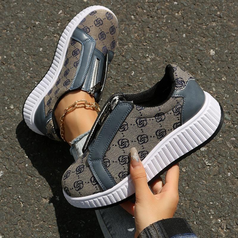 Women's Slip-On Flats, Front Zipper Canvas Casual Shoes, Plus Size Comfortable Loafers