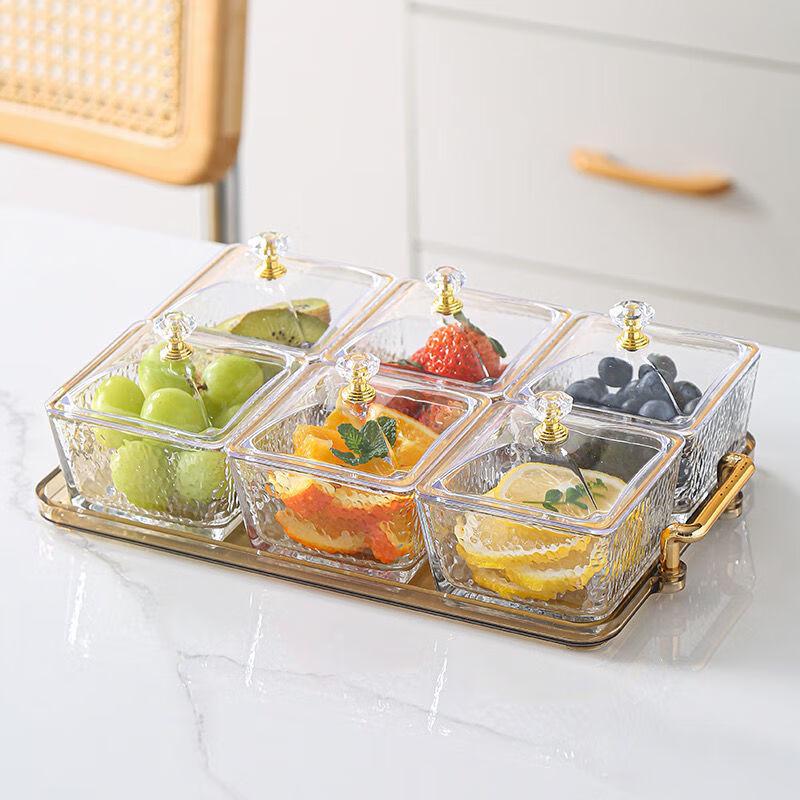 Luxury Glass Snack and Candy Tray Six-grid tray, Hammered Gold Rim with Lid