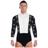 Mens Latin Rumba Ballroom Dance Leotard Long Sleeves Shiny Rhinestones Color Block Bodysuit with Bowtie