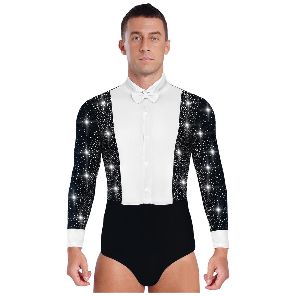 Mens Latin Rumba Ballroom Dance Leotard Long Sleeves Shiny Rhinestones Color Block Bodysuit with Bowtie