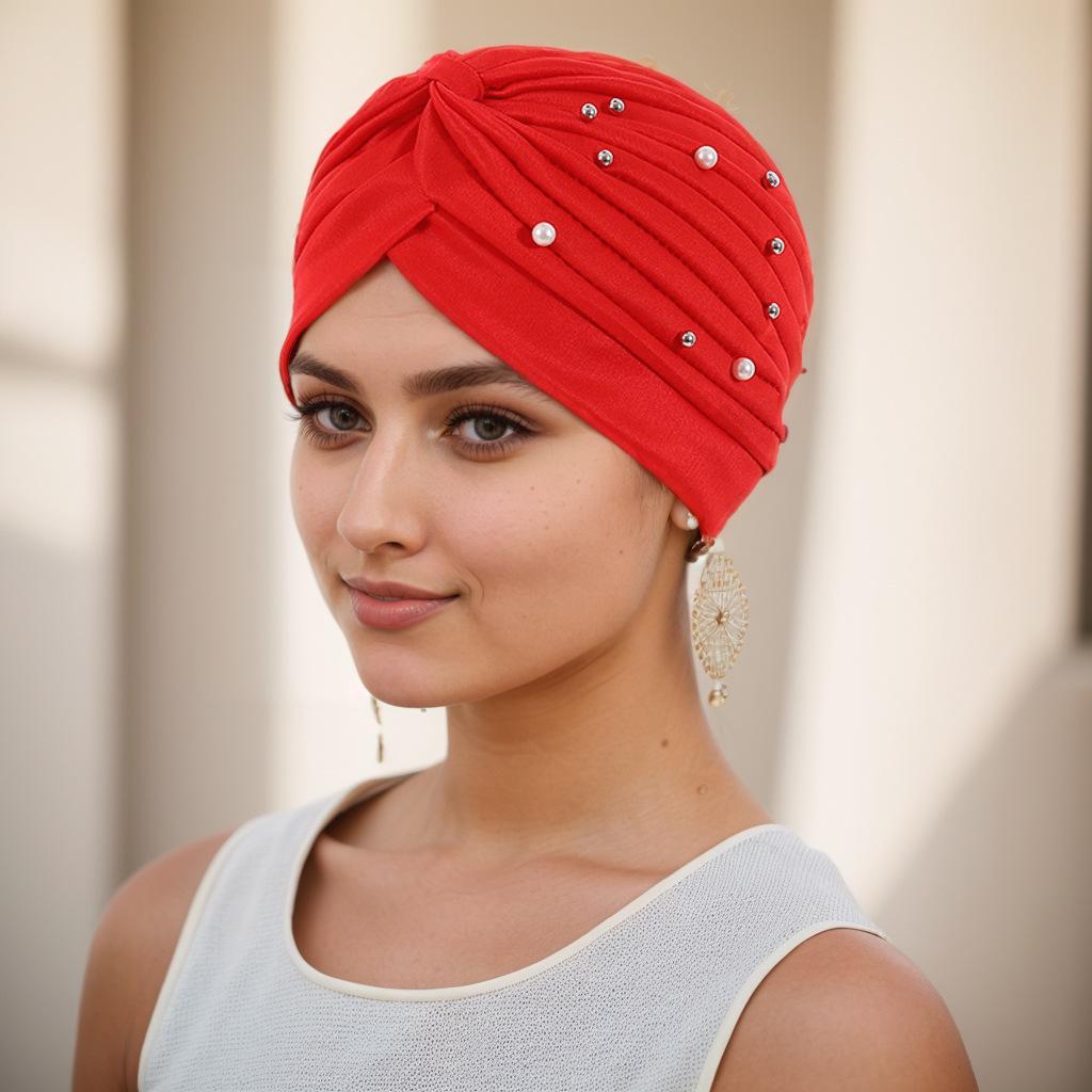 Stilvolles plissiertes Perlen-Kopftuch-Wickeltuch in Wassermelone