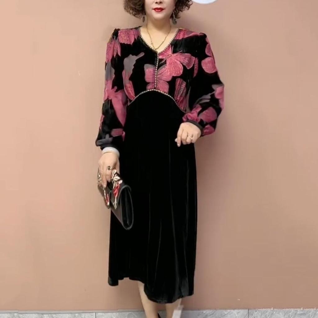 Women's Plus Size Dress Velvet Patchwork Dress Autumn V-neck A-line Velvet Long Floral Dress