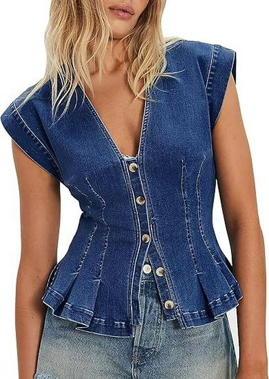 Women's V-neck Button-up Slim Fit Pleated Denim Vest Top