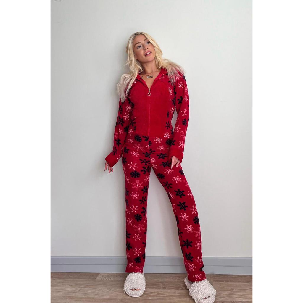 Dámské plyšové overalové pyžamo se vzorem červené sněhové vločky
