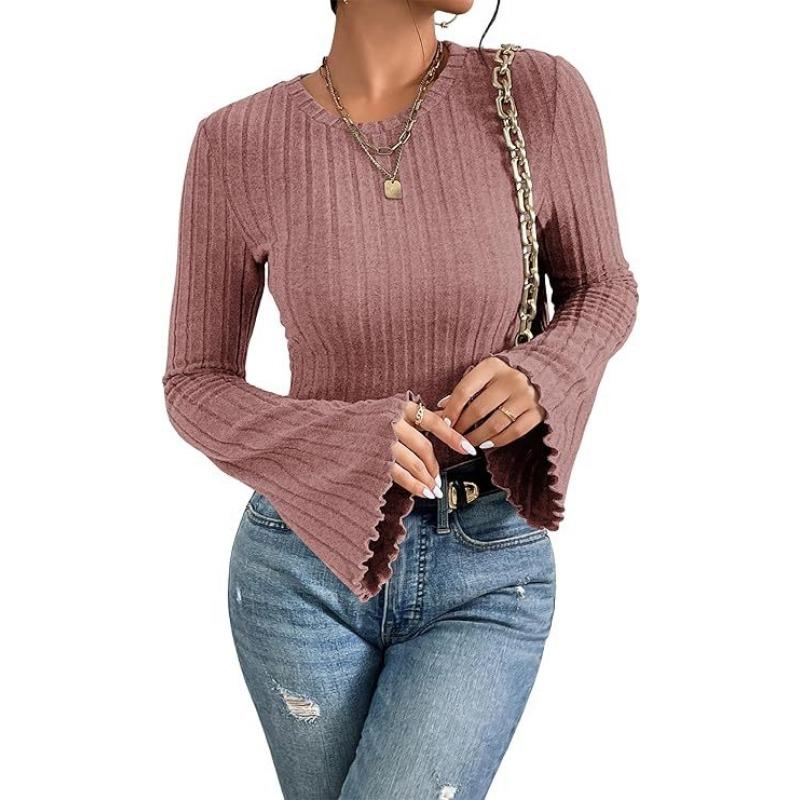 Women S Long Sleeve Round Neck Knit T Shirt Slim Fit Casual Top