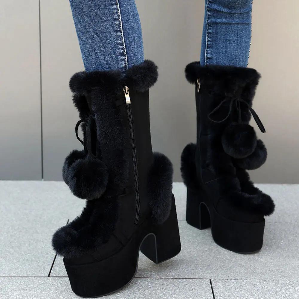 

Winter Black Gothic Large Size 43 Chunky Platform Boots Women Y2k Pink Block High Heels Mid-calf Boot Shoes 43