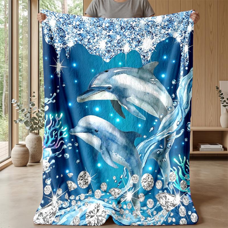 Ocean Love Dolphins Theme Blanket Lightweight Warm Flannel Blanket Decorative Throw Blanket for Home Decoration