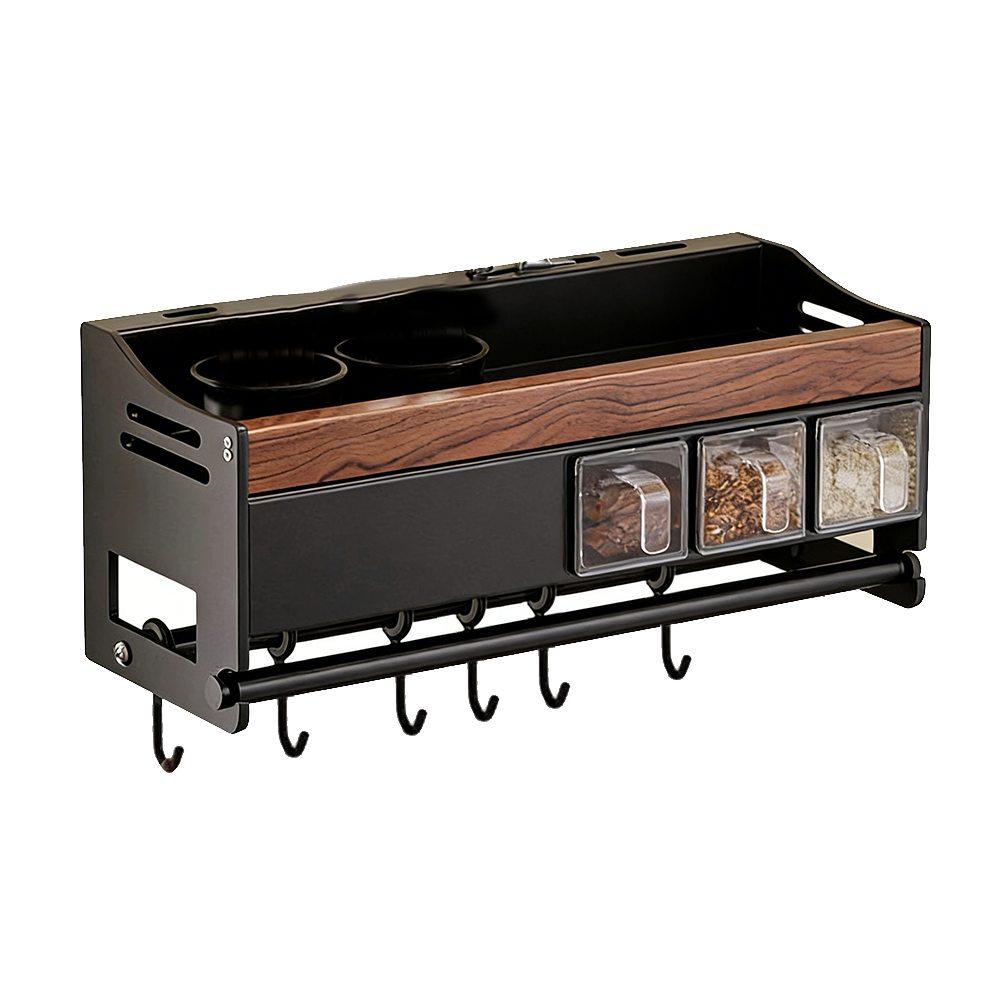Metal Wall Mounted Spice Shelf for Organizing Spices Cooking Essentials with Built In Utensil Cups and Paper Towel Holder