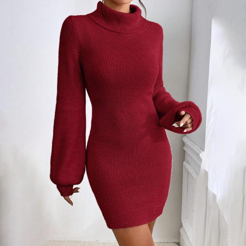 Autumn Winter Casual Slim Mini Dress Fashion Long Sleeve Elasticity Sweater Dresses Turtleneck Solid Hip-wrapped Knitted Dress