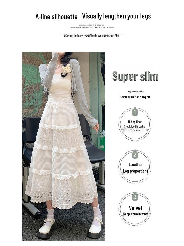 Women's Princess-Style White Lace Midi Skirt - A-line, Tiered, Flared, Spring/Summer Design