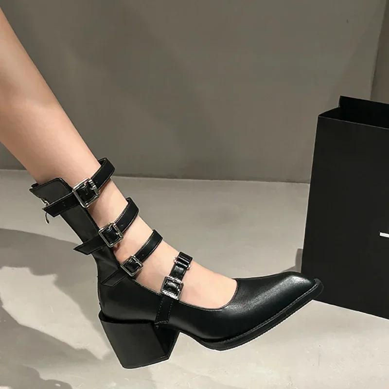 Stivali alla Caviglia da Donna alla Moda con Punta, Cerniere Posteriori alla Moda, Fibbia in Metallo, Stivaletti Corti, Scarpe da Donna in Stile Retrò