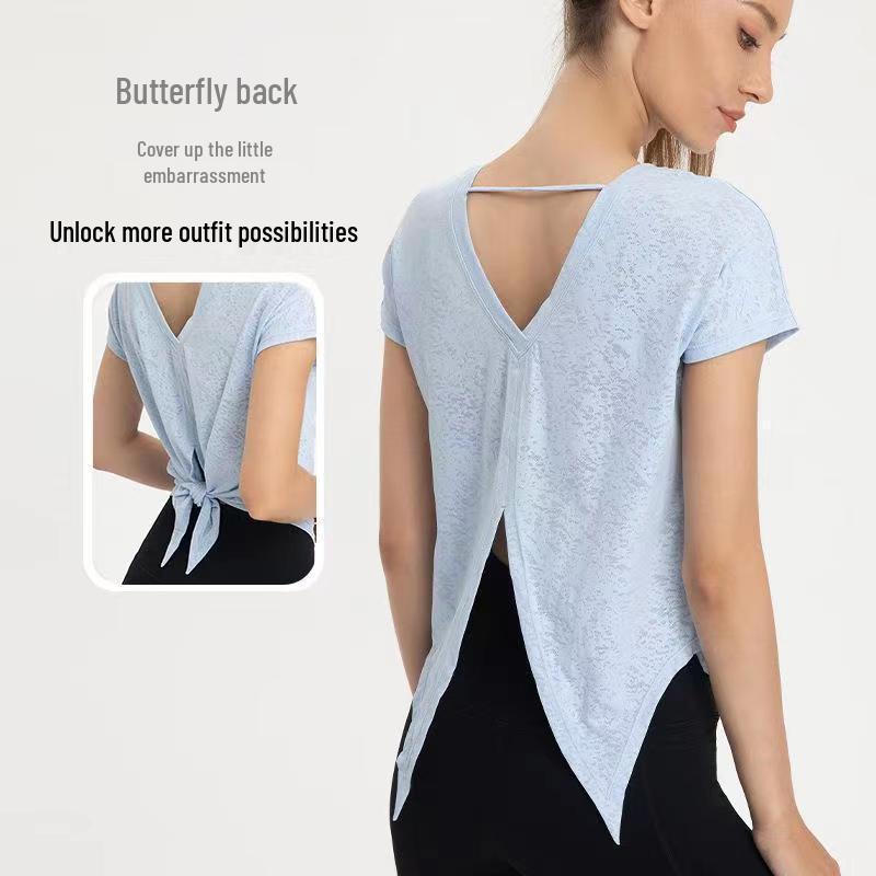 

Женский белый топ для йоги свободного кроя - с коротким рукавом, закрывающий бедра, весенний фитнес-пуловер L (110-120 jin) синий