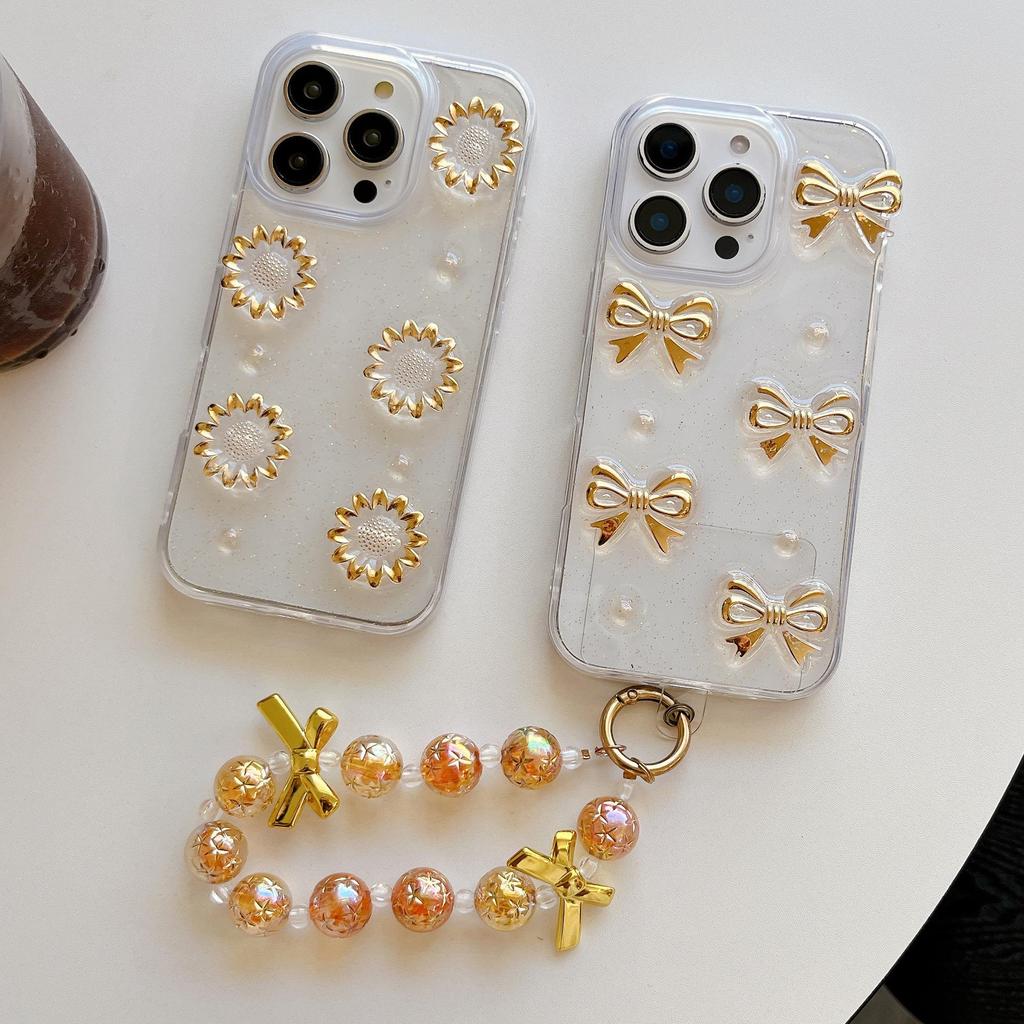 3D Bowknot iPhone Case for iPhone 13-17 Pro Max: Transparent Sunflower Epoxy Design.