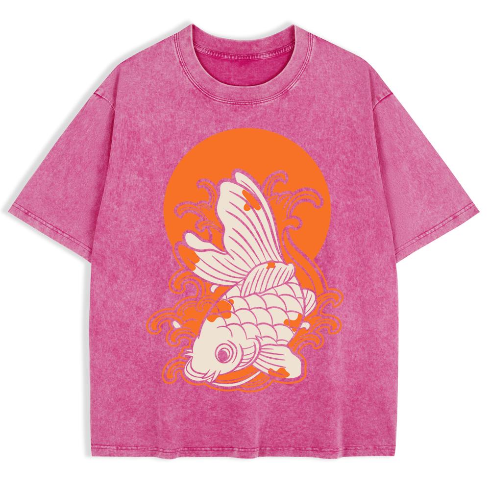 Japanese Koi Harajuku Printed Washed T-Shirts Mens Cotton Oversize T Shirt Summer O-Neck Short Sleeve Tops Casual Men Clothes