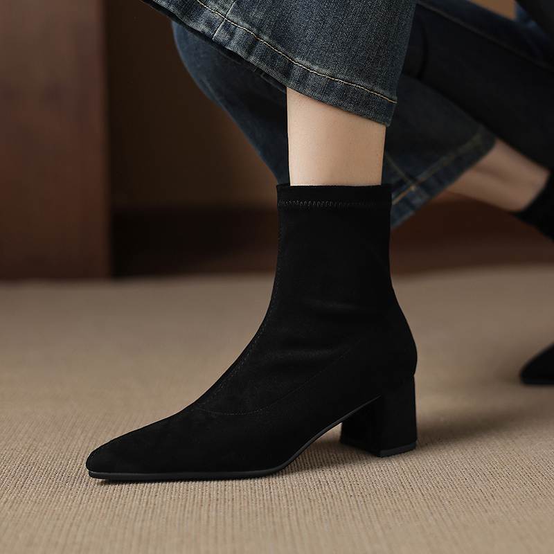 Krazing Pot Flock Pointed Toe Thick Heels Chelsea Boots Size 43 Zip Beauty Lady Women Ankle Boots