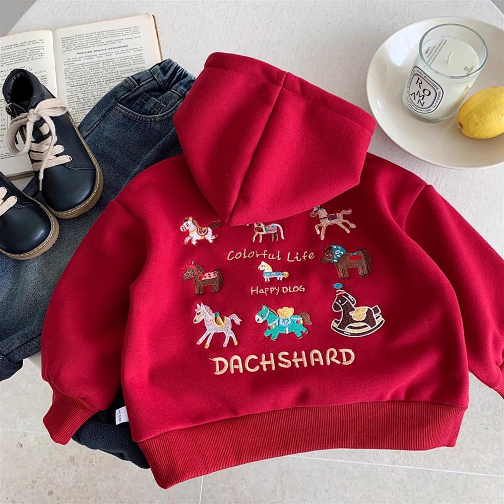 Boys Red Fleece Lined Hooded Sweatshirt Warm Winter Autumn Top 80