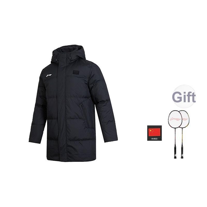 Li Ning Badminton Series Color Block Logo Mid-Length Down Jacket Men Outerwear Black AYMU341-1
