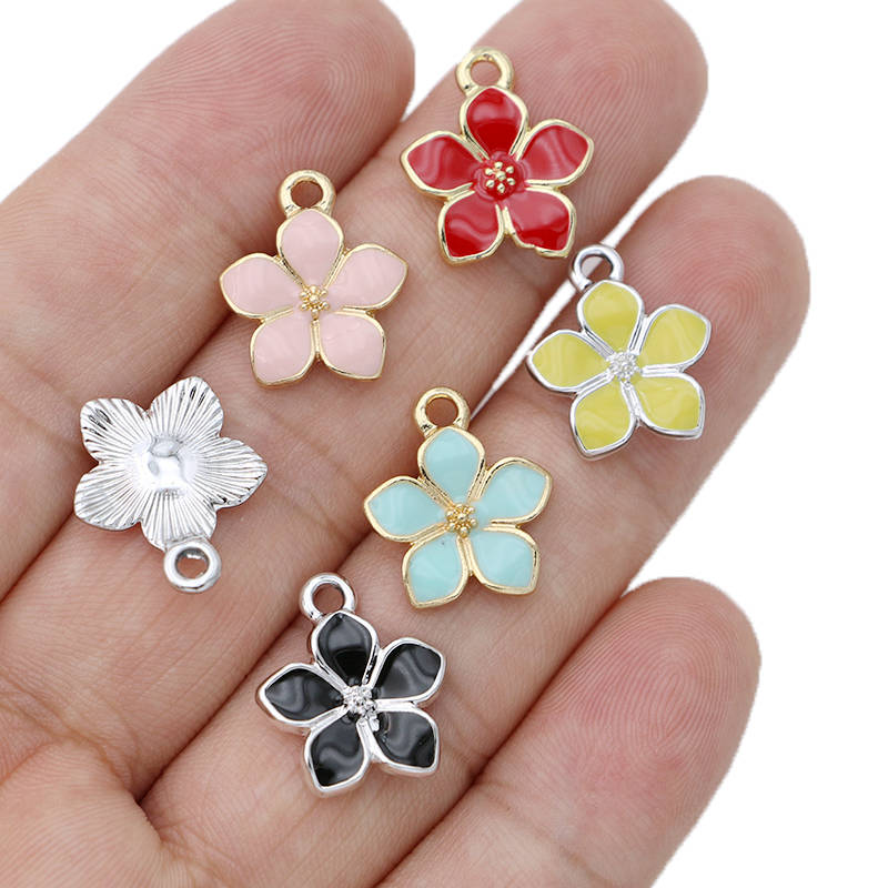 10Pcs Silver Plated Red Enamel Sakura Flower Charm Pendant For Jewelry Making Bracelet Earrings Necklace Diy Accessories Craft