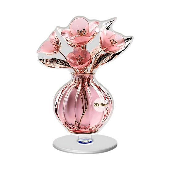 2D Flat Flower Ornament, 360-Degree Rotating Vase Acrylic Ornament with Base, Flower Vase Tabletop Decoration for Home Desk Shelf Decor