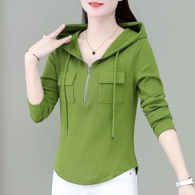Spring and Summer Hooded Slim Long Sleeve Korean Version Spliced Pockets Solid Color Zipper Commute Fashion Causal T-shirt