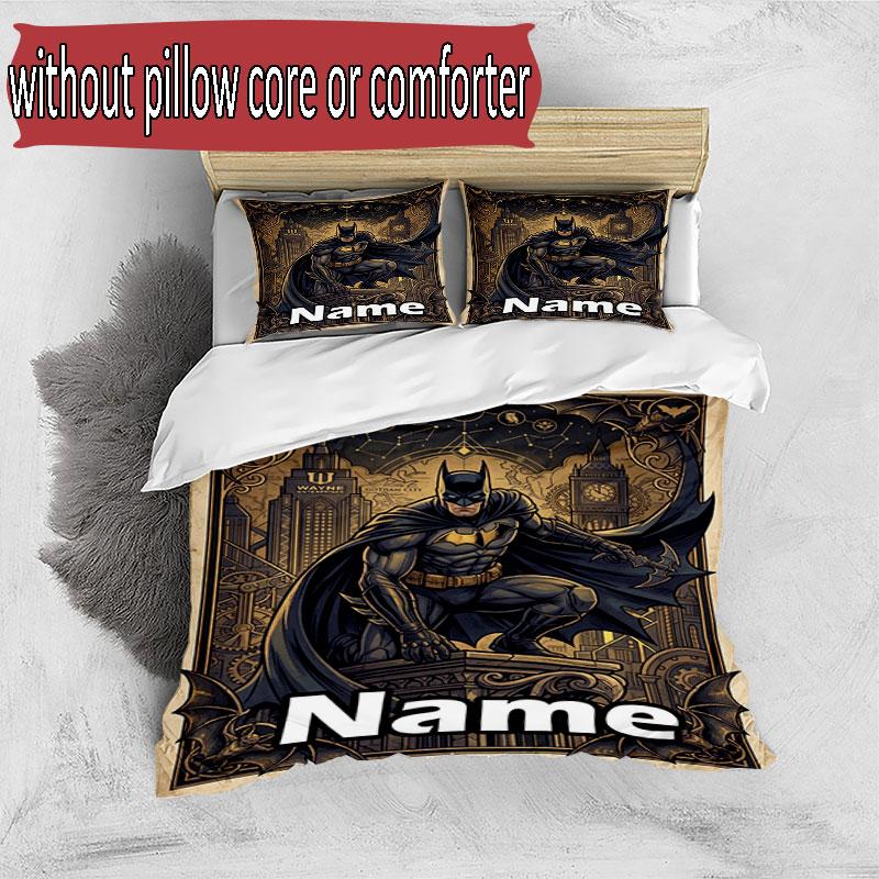 3pcs Duvet Cover Set (1*Duvet Cover + 2*Pillowcase, Without Core), Custom Name Batman Pattern Bedding Set, Home Bedroom Decor Gift