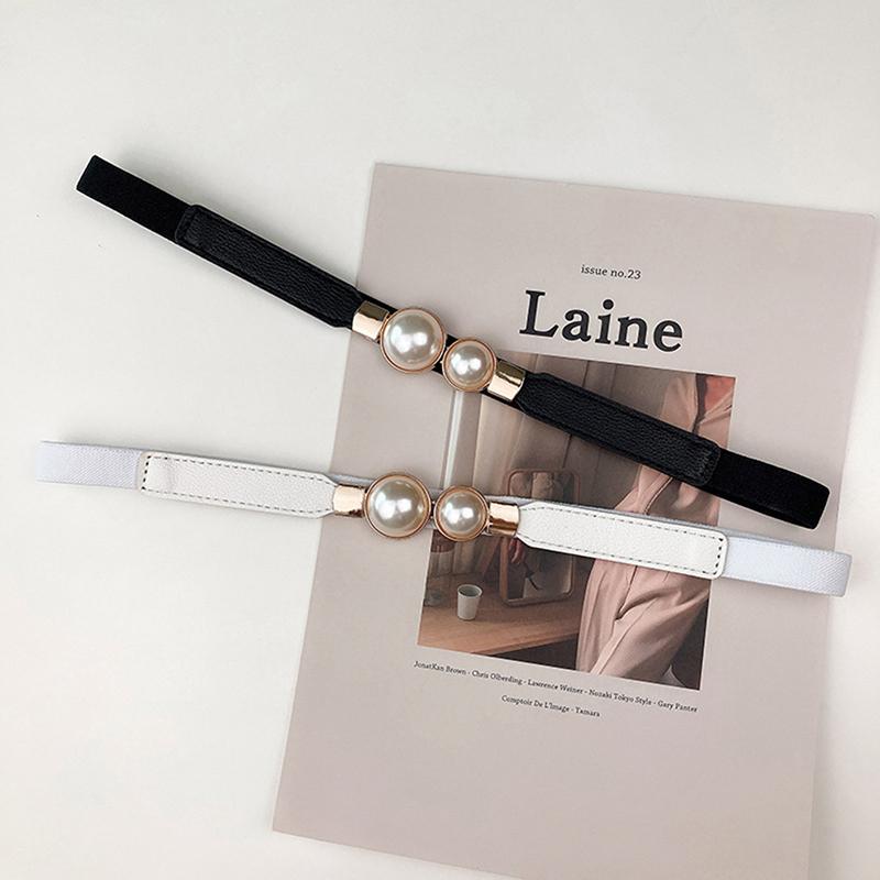 Women Double Pearl Belt Pu Leather Dress Skirt Waist Elastic Thin Belts