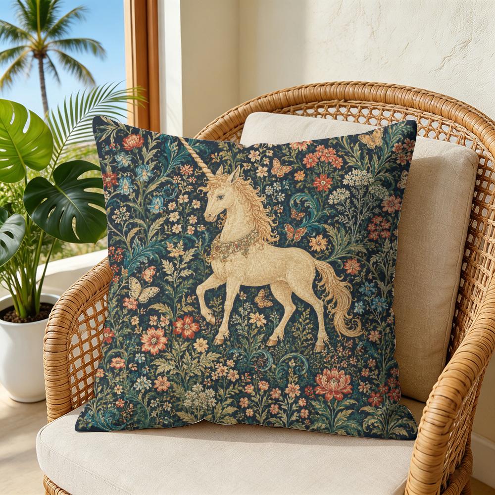 Unicorn Millefleurs Cushion Cover Double-Sided Plush Sofa Cushion Covers Organic Breathable Invisible Zipper