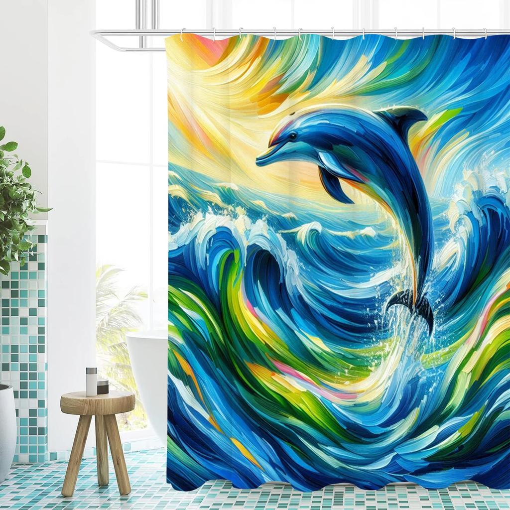 Dolphin Bathing Curtain  Bathroom Shower Curtain Waterproof With 12 Hooks Home Deco