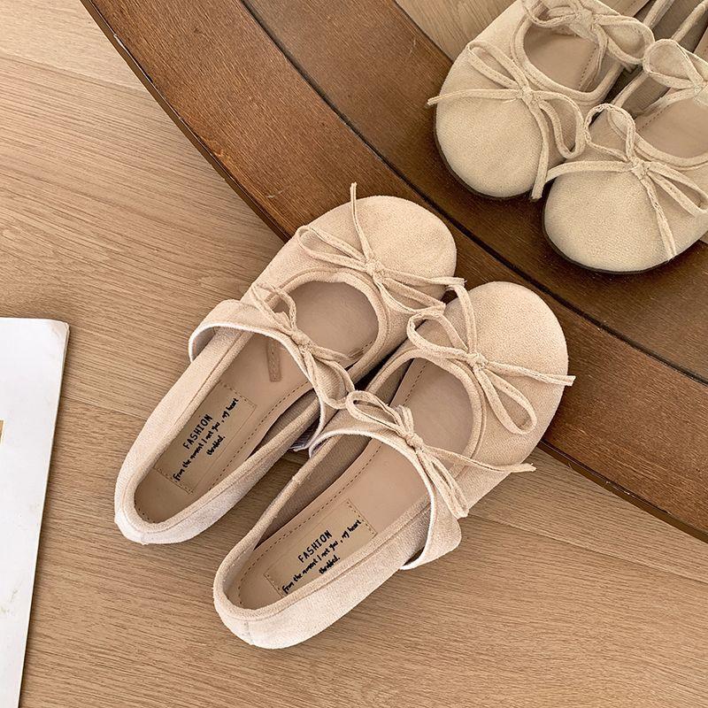 

French retro Mary Jane shoes 2025 new flat bottom round head bow versatile super soft single shoes gentle wind 35 бежевый