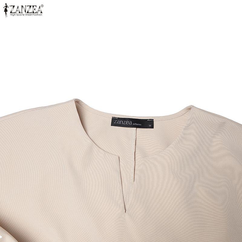 ZANZEA נשים קז'ואל צווארון V בצבע אחיד שמלת שרוול קצר