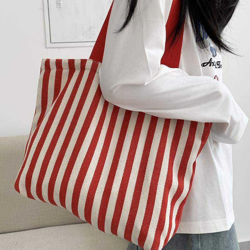 1Pcs Female Daily Shopping Bags Simple Striped Women'S Canvas Casual Shoulder Bags Fashion Large Capacity Ladies Tote Handbags