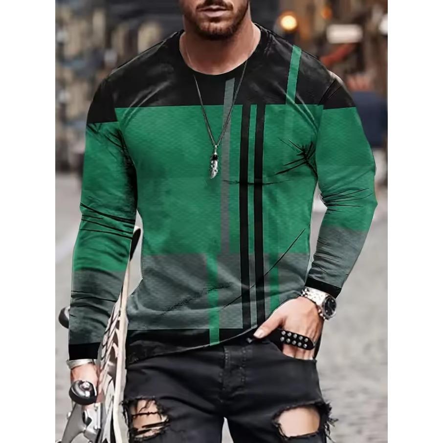 

Vintage Men s Long Sleeve T-shirt 3D Stripe Gradient Printed tshirt Harajuku Oversized Tops Casual Men s Outdoor Jogging T-Shirt 5XL зелёный