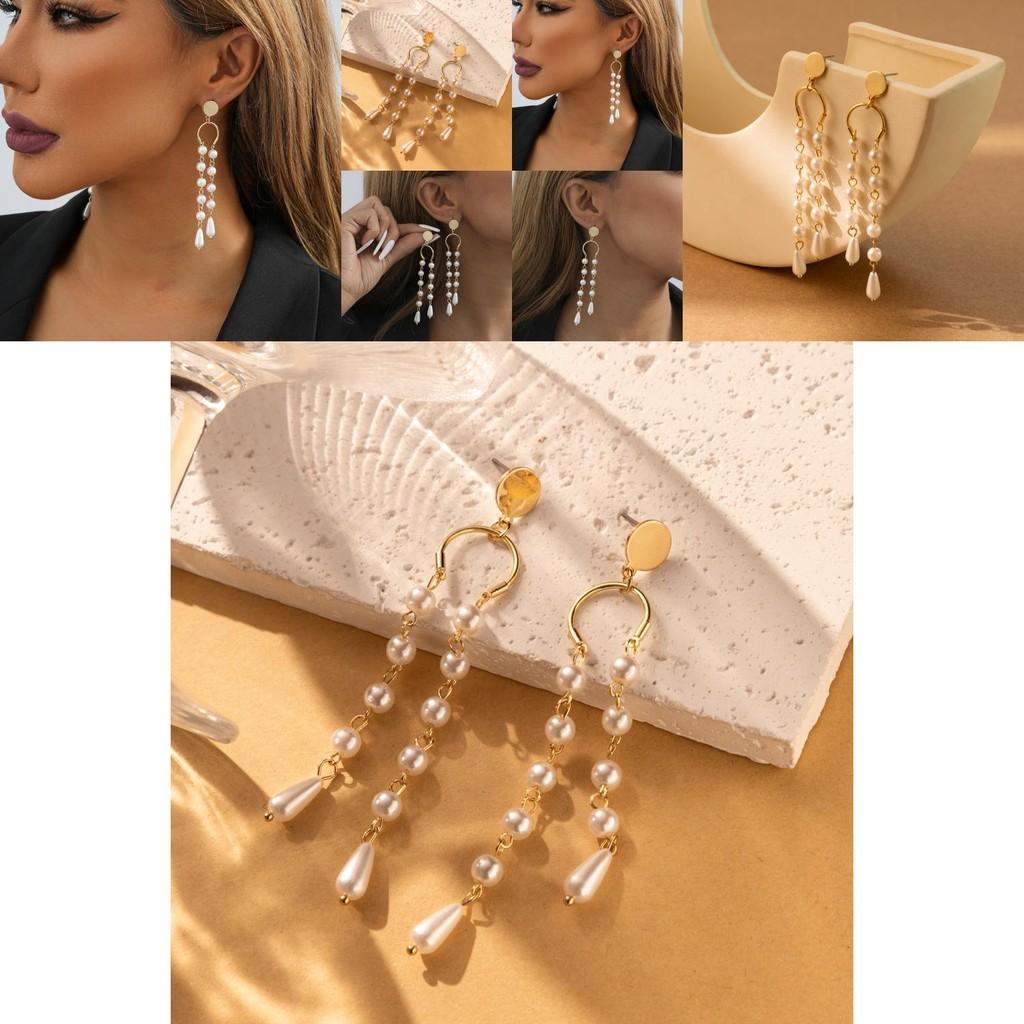 Modern Asymmetric Faux Pearl Tassel Earrings For Women In Gold Color