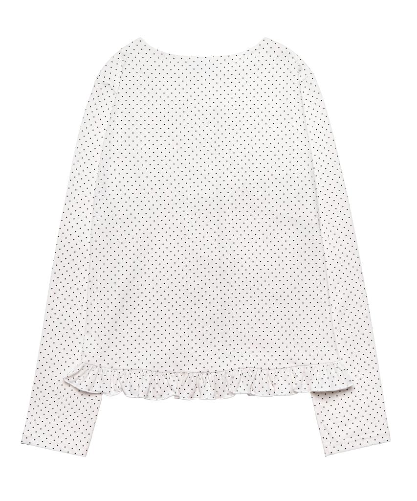 MOYORA (Tie Set) Dot Frill Shirred Long Sleeve Blouse [White]