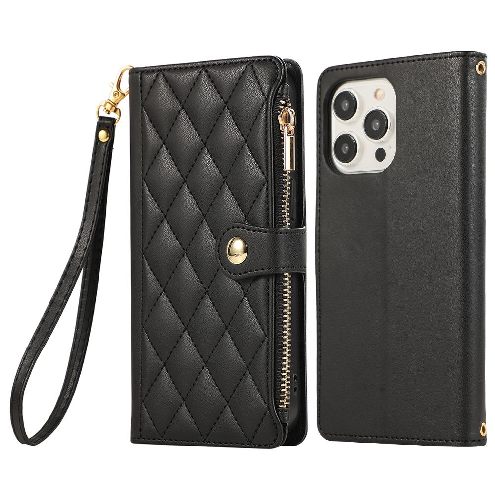 For iPhone 15 Pro Case Multi Card Slots Zipper Rhombus Leather Phone Cover with Wrist Strap