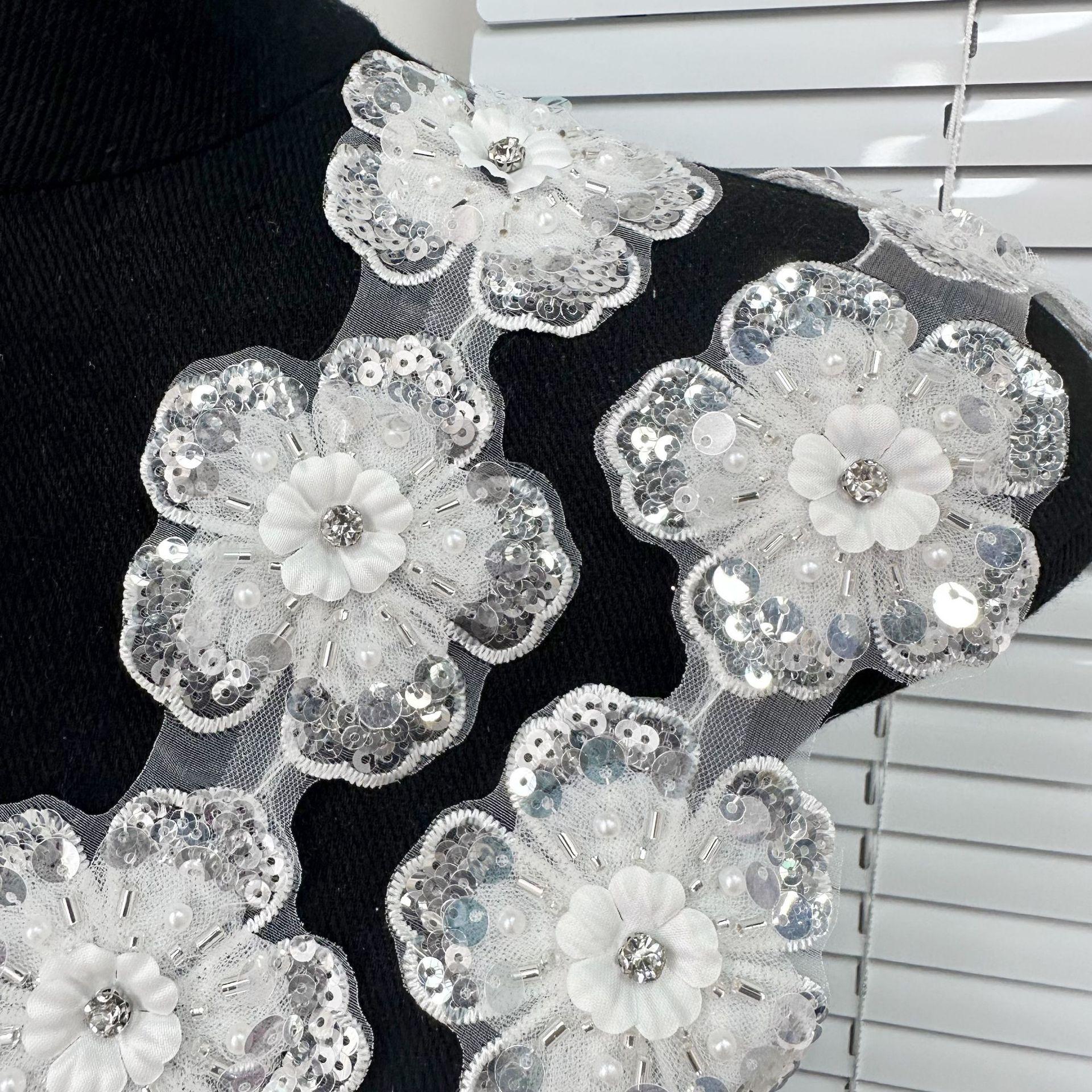 

7Cm White Embroidered Lace With Diamonds, Skirt With Beaded Lace Mesh Diy Lace Accessories T1098 white one