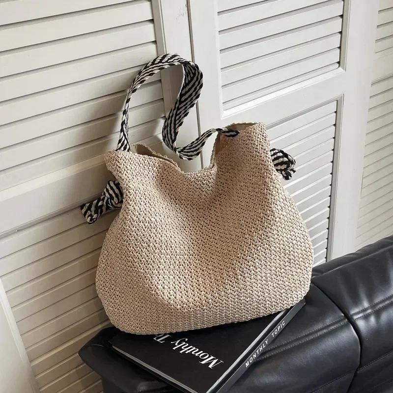 Pevná Slaměná Velkokapacitní Slaměná Dámská Taška přes Rameno Model Seaside Holiday Pletené Tašky Ležérní Všestranná Crossbody Taška