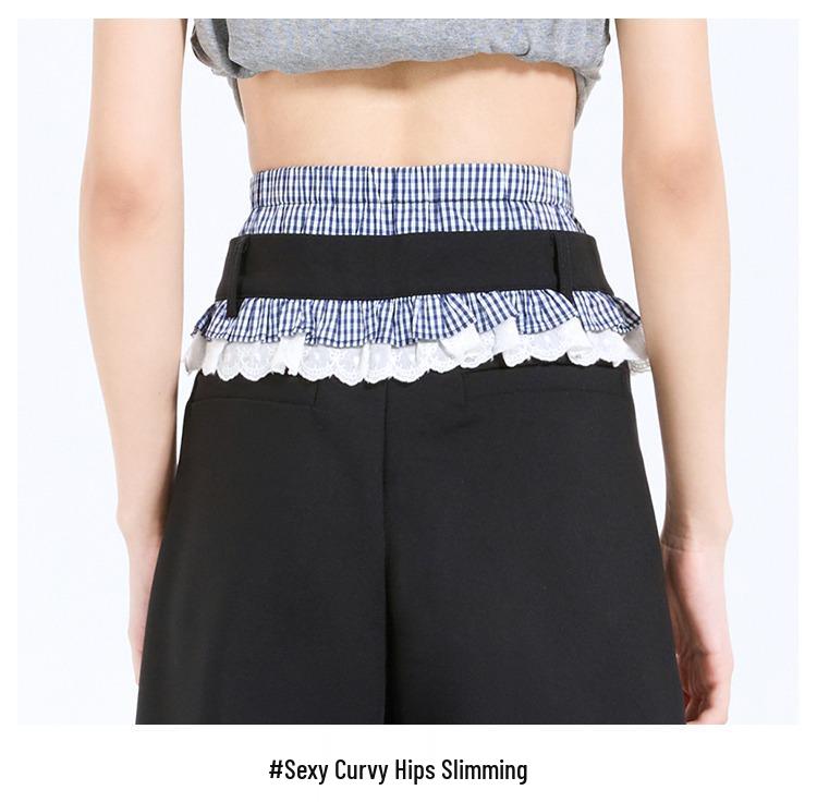 Plaid Patchwork Lace Double Waistband Wide-Leg Pants for Women - New 2025 Spring/Autumn Casual Long Pants