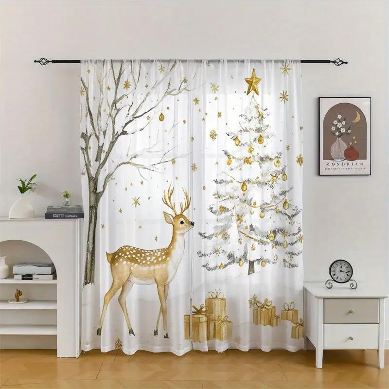 2pcs Christmas Deer Christmas Tree sheer curtains with pole bag design   suitable for decoration in various scenes