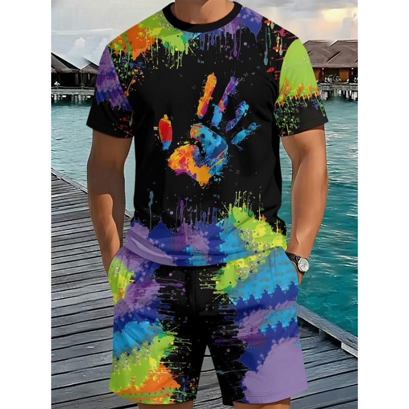 Men s 3D digital printing round neck short sleeve suit S