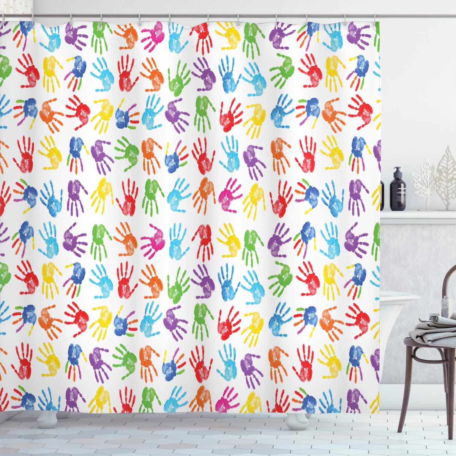 

Handprint Shower Curtain,Watercolor Rainbow Color Bathroom Shower Curtains, Washable Polyester Fabric Shower Curtains With Hooks W60H190(CM)-1 Pcs