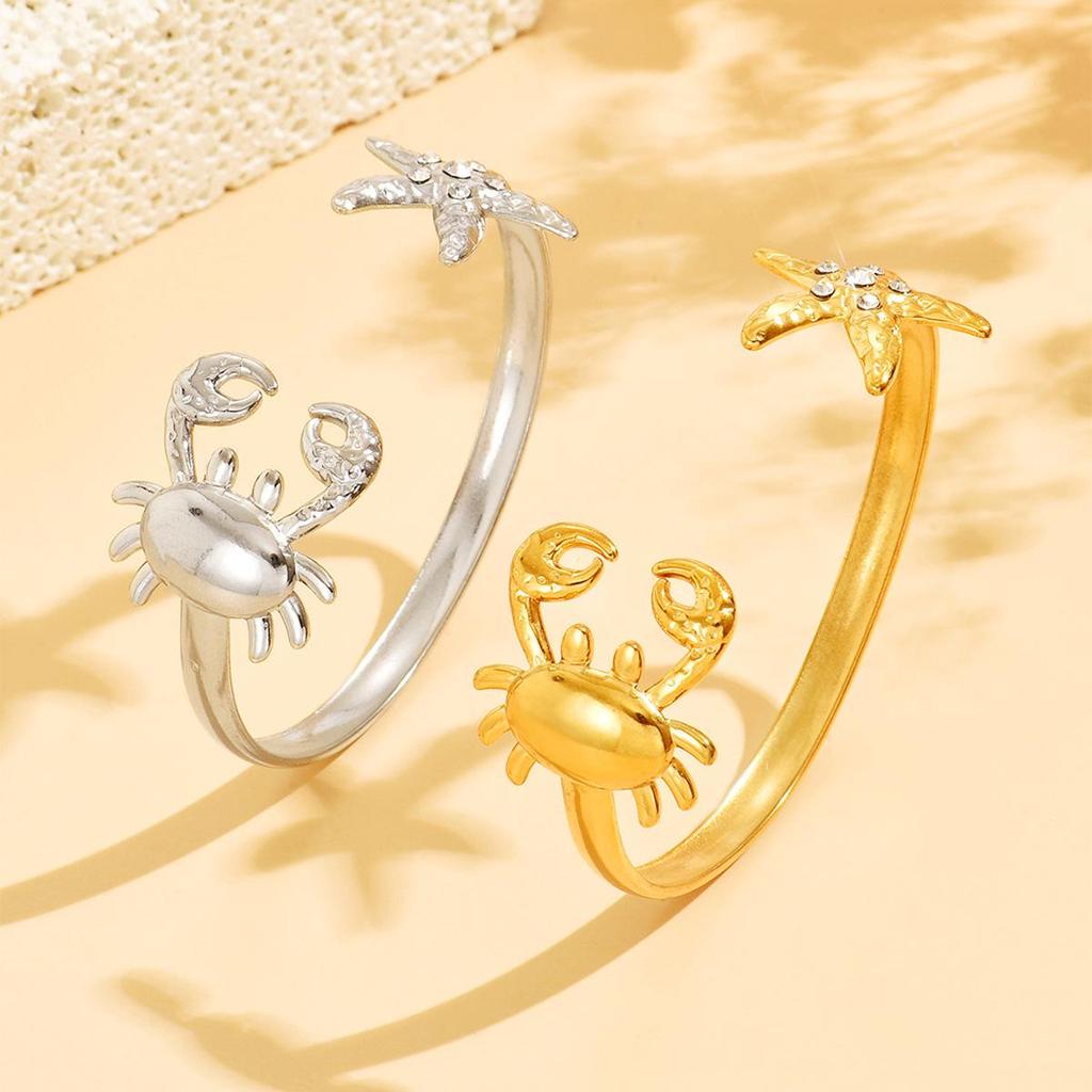 Starfish Rhinestone Stainless Steel Bracelet - Women's Cute Crab Openable Bangle