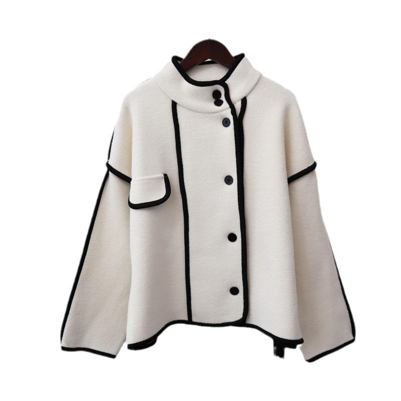 Stand-up Collar Knitted Double-sided Cardigan Autumn and Winter New Contrasting Colors High-end Temperament Sweater Jacket Women