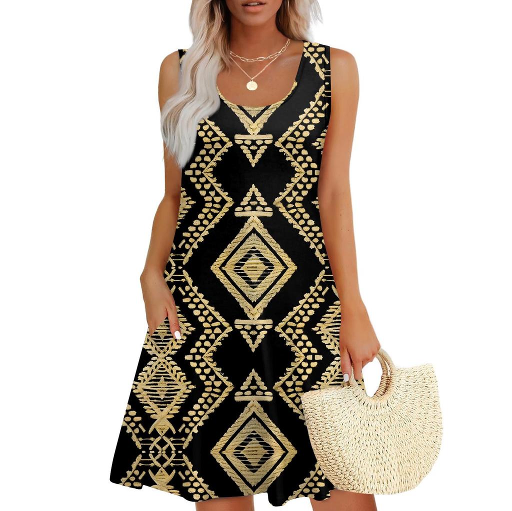 Lässiges Sommerkleid für Damen mit Taschen, Sommer-Boho-Strandkleid, Urlaubskleider für Damen, T-Shirt-Kleid, U-Ausschnitt, lockere Tank-Kleider