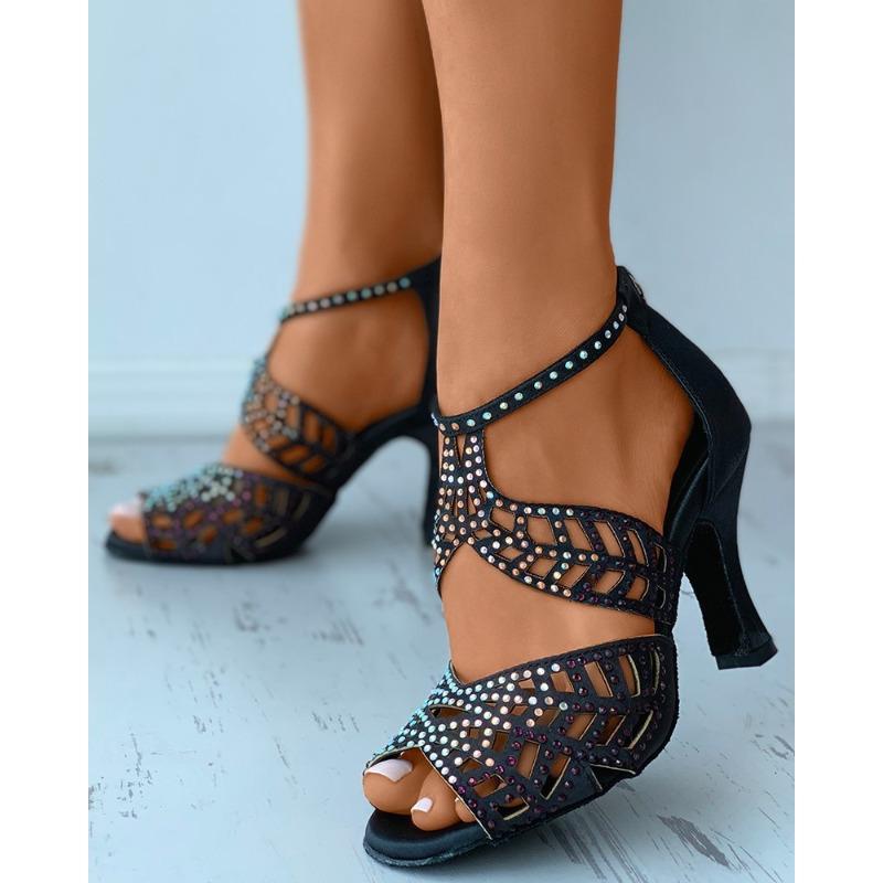 Sommer neue dünne Absatz High Heel Sandalen Damen große Größe Strass hohl Fischmaul sexy Reißverschluss hinten Sandalen